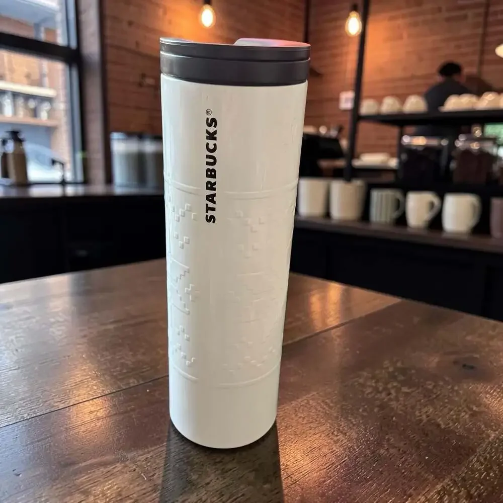 Starbucks 2015 Stainless Steel White Fair Isle Pattern 16oz Travel Tumbler